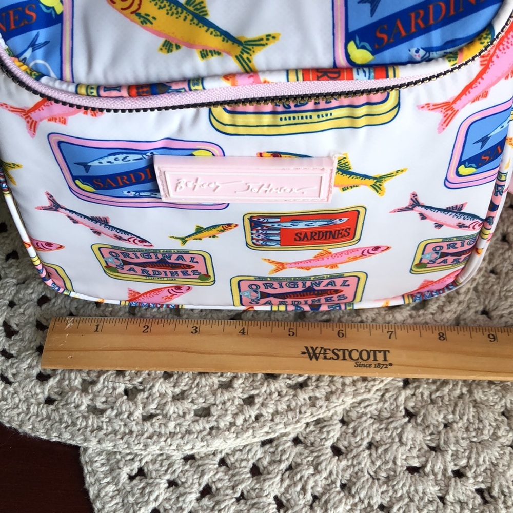 Betsey Johnson White Crossbody Lunch Tote with Multicolor Sardine Print - Picture 8 of 11
